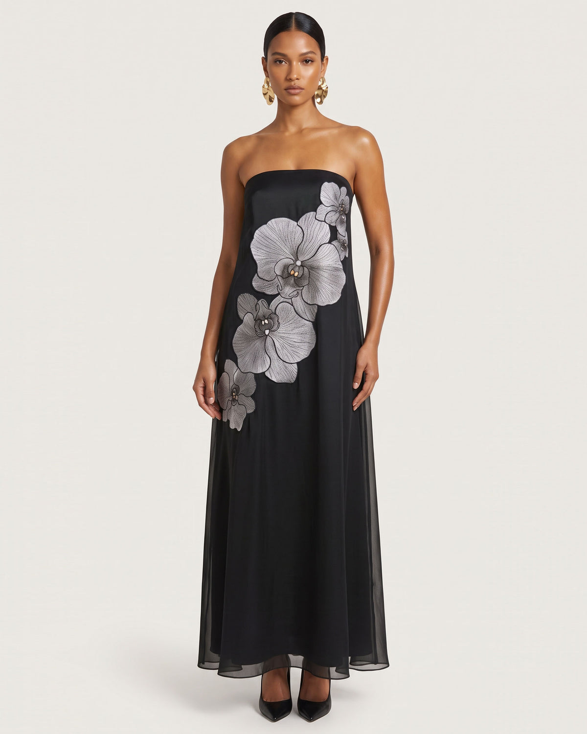 Orchid Embroidered Strapless Flowing Maxi Dress - Black
