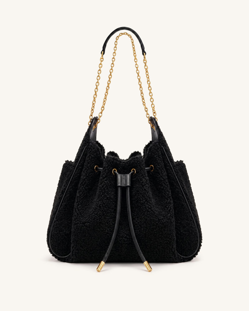 Rowan Faux Fur Ruched Drawstring Chain Bucket Bag - Onyx Black