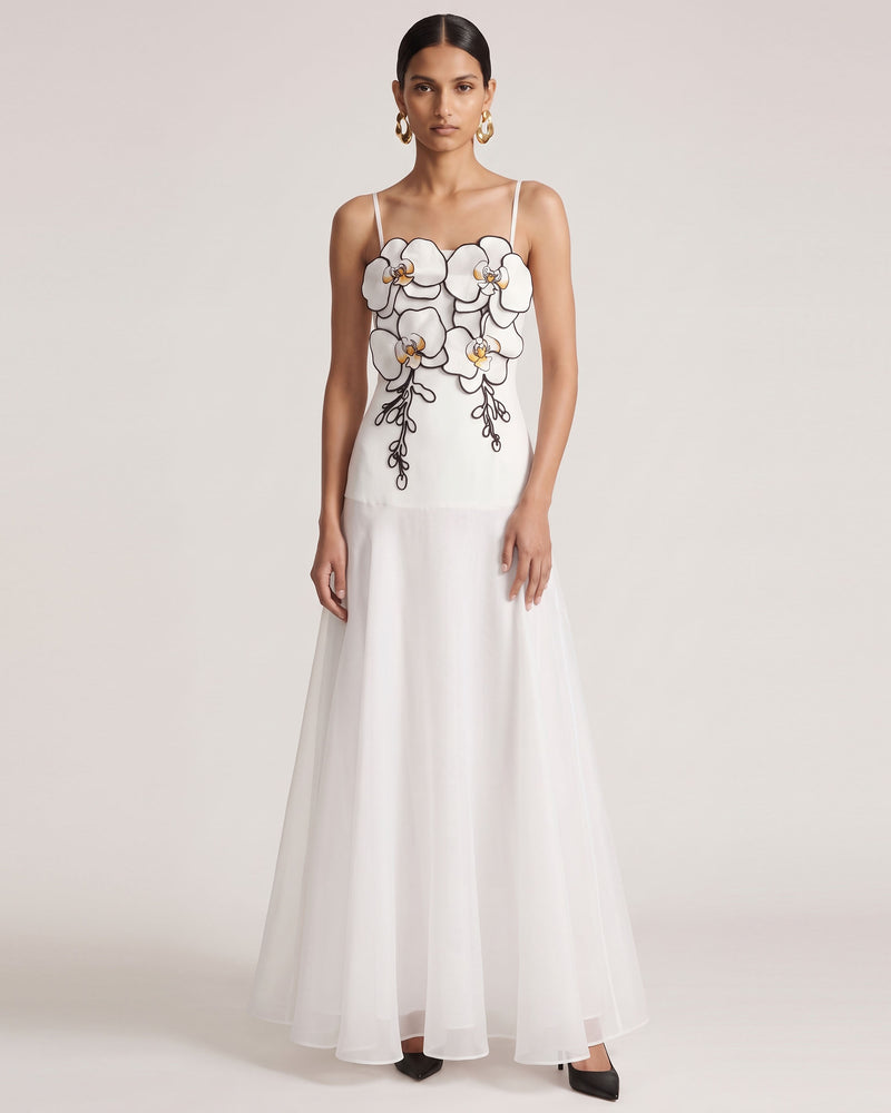 3D Floral Spaghetti Strap A-Line Maxi Dress - White