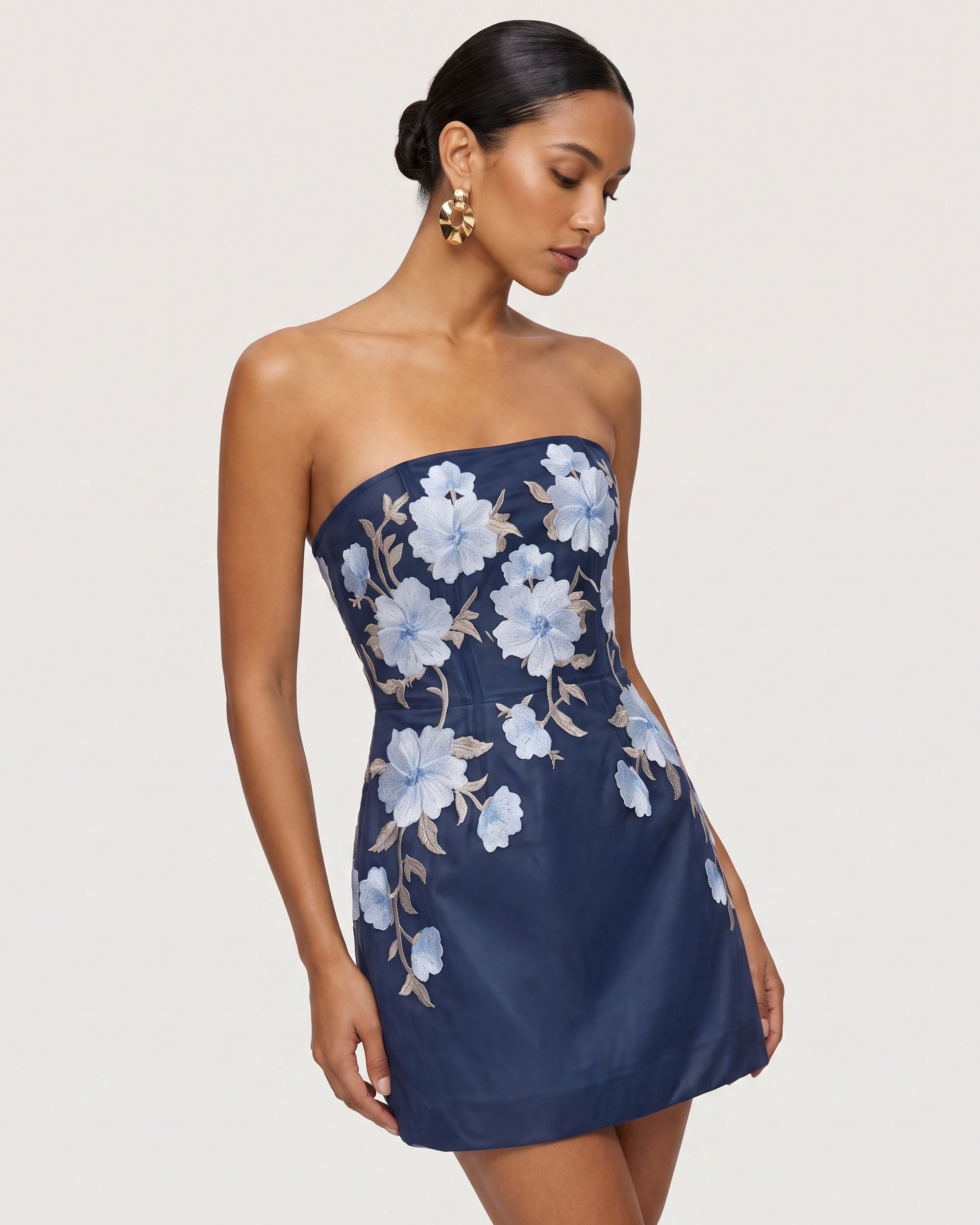 Floral Embroidered Strapless Corset Mini Dress - Dark Blue