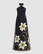 Lily Embroidered Ruched Halter Maxi Dress - Black