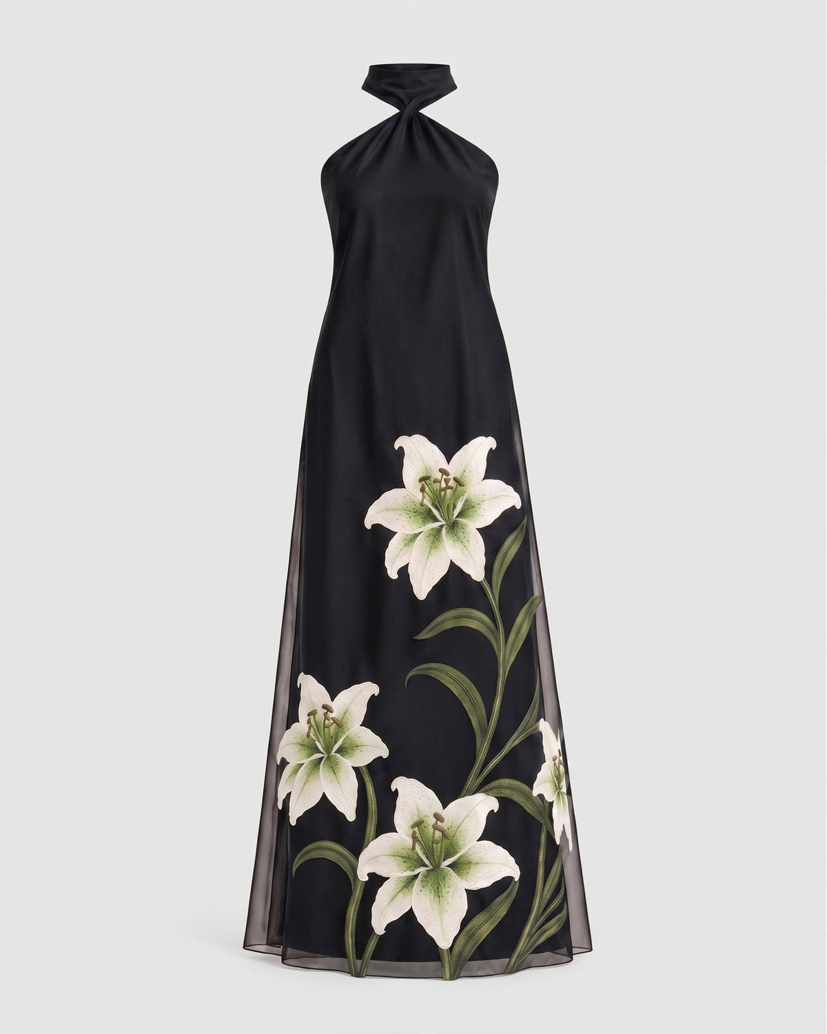 Lily Embroidered Ruched Halter Maxi Dress - Black
