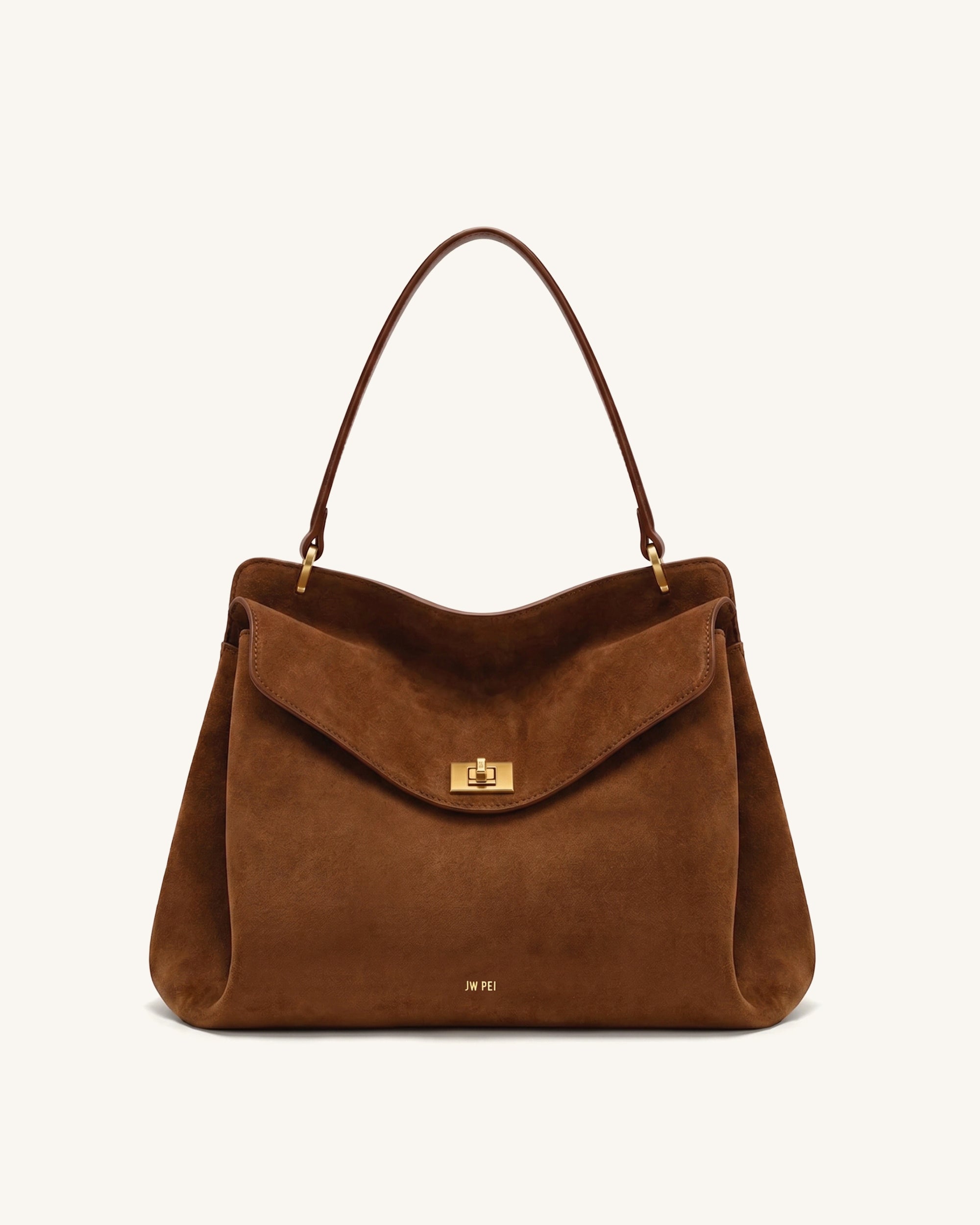 Lucia Turn-Lock Faux Suede Shoulder Bag - Caramel Brown
