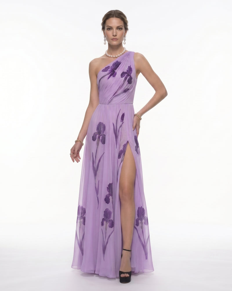 Floral One Shoulder Maxi Dress - Misty Lavender