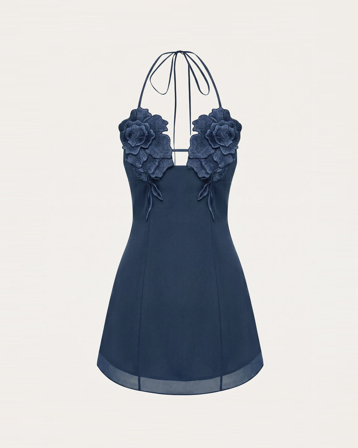 Flower Embroidered Mini Dress - Dark Blue