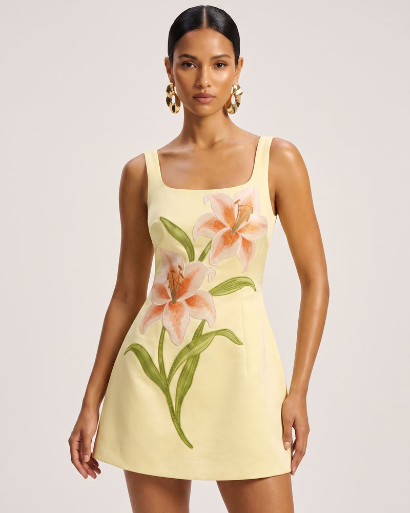Lily Floral Print Sleeveless A-Line Mini Dress - Yellow