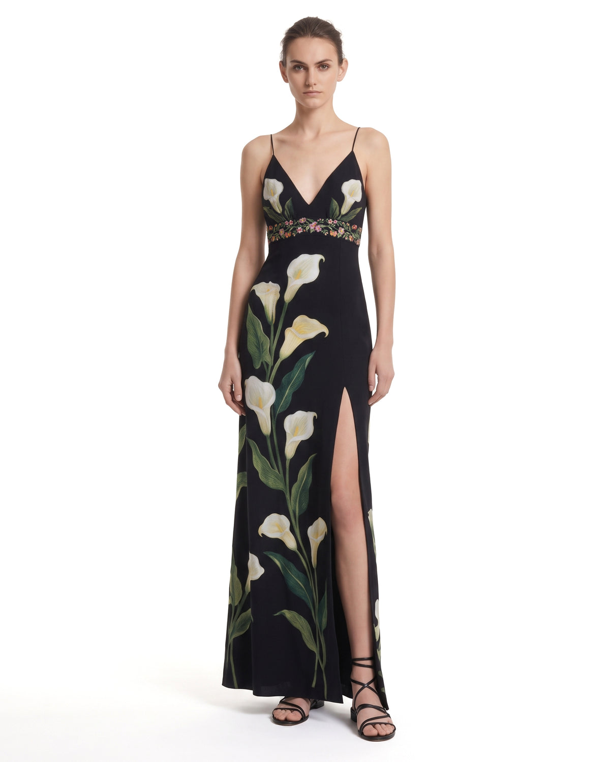 Calla Lily Printed V-Neck High-Slit Cami Dress - Black