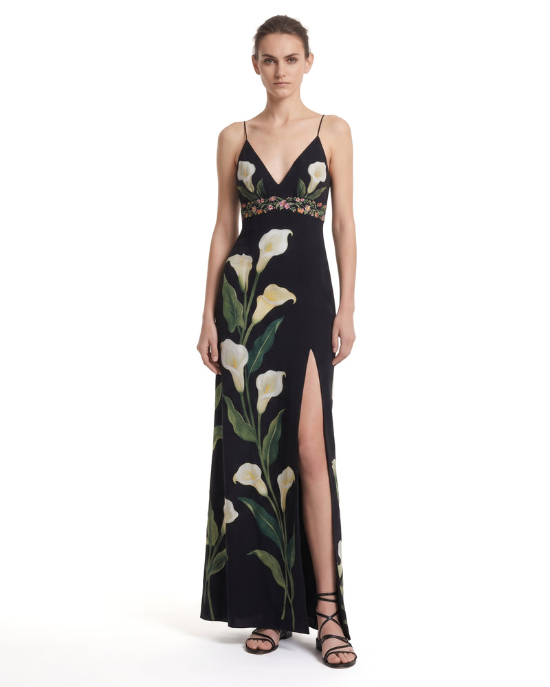 Calla Lily Printed V-Neck High-Slit Cami Dress - Black
