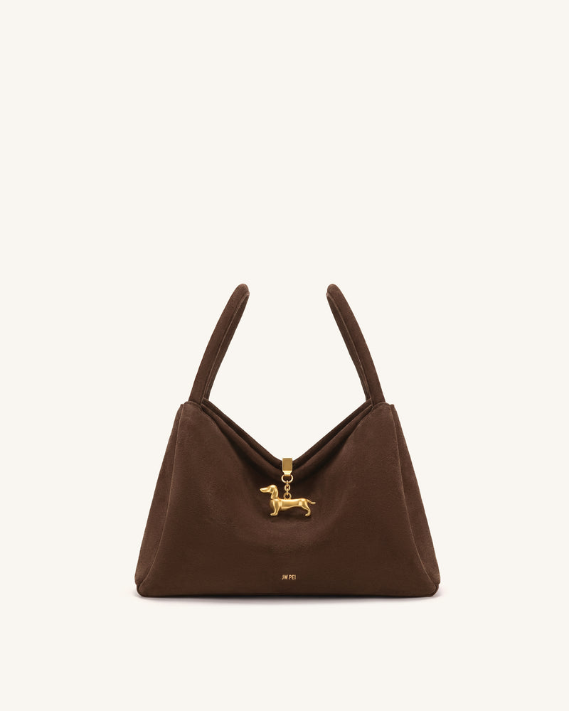 Maelle Faux Suede Dachshund Charm Double Handle Bag - Dark Brown
