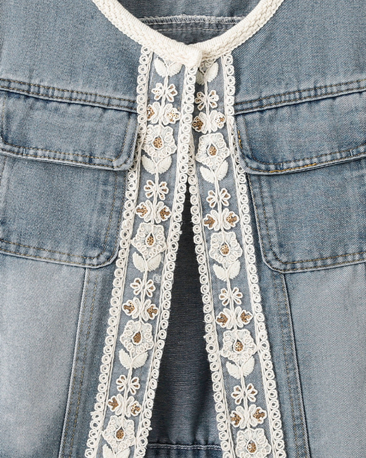 Bohemian Lace Trimmed Denim Vest - Light Wash
