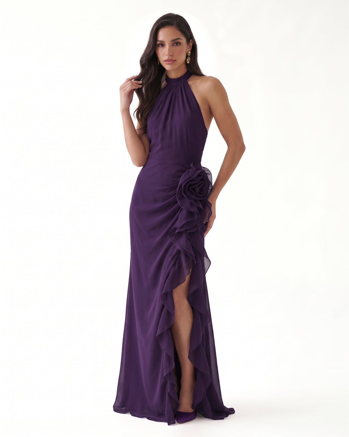 Halter Ruffle Rosette Slit Maxi Dress - Purple
