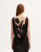 Tulip Appliqué Cowl-Back Satin Column Maxi Dress - Black