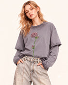Rhinestone Rose Layered Sleeve Washed Tee - Faded Mauve