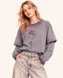 Rhinestone Rose Layered Sleeve Washed Tee - Faded Mauve