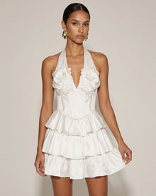 Flower Embroidered Tiered Halter Mini Dress - White