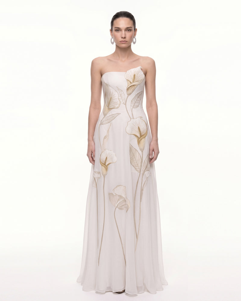 3D Embroidered Calla Lily Strapless A-Line Maxi Dress - Ivory