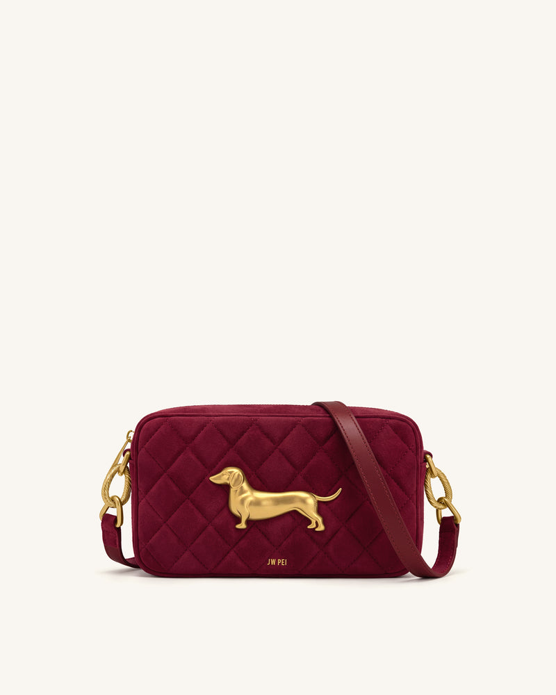 Riley Faux Suede Dachshund Quilted Shoulder Bag - Burgundy