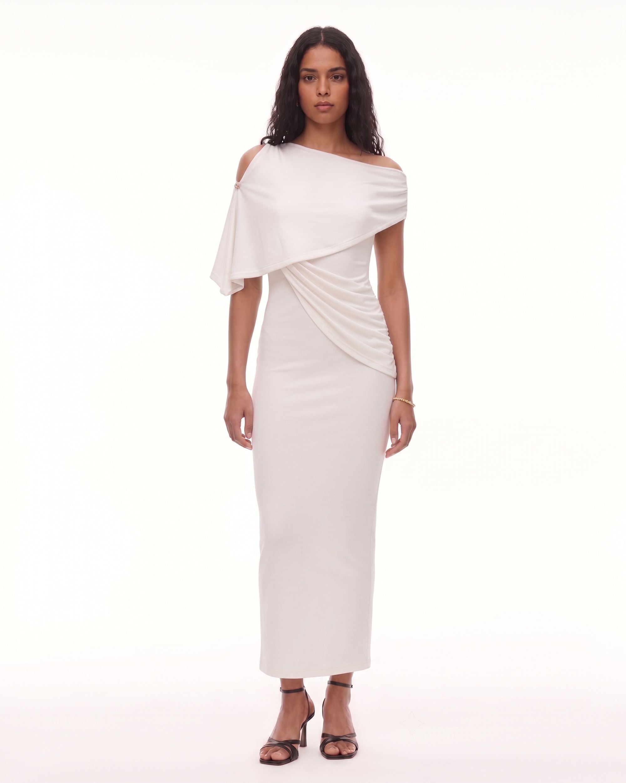 Asymmetric Shoulder Draped Cape Midi Dress - Ivory