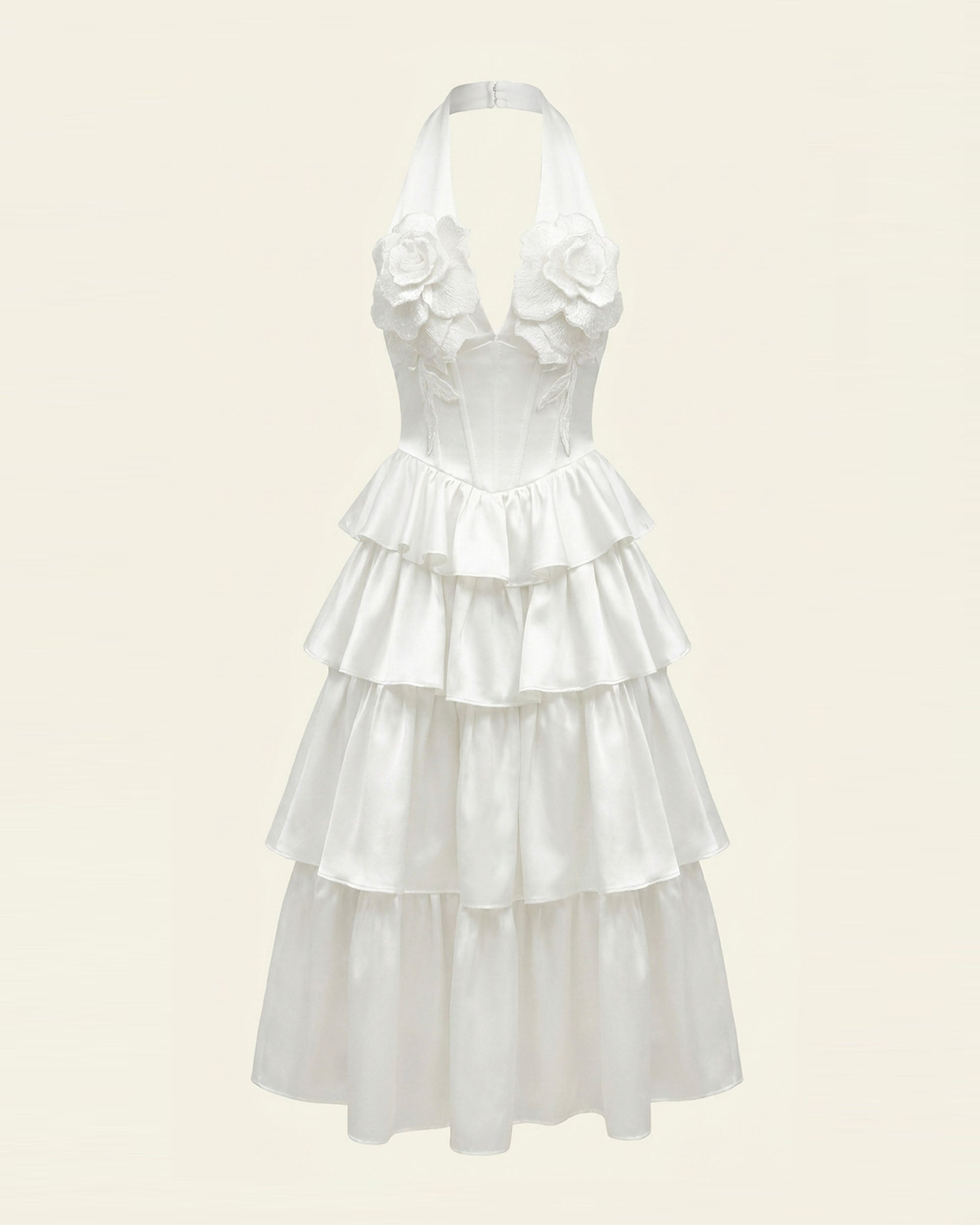 Flower Embroidered Tiered Halter Midi Dress - White