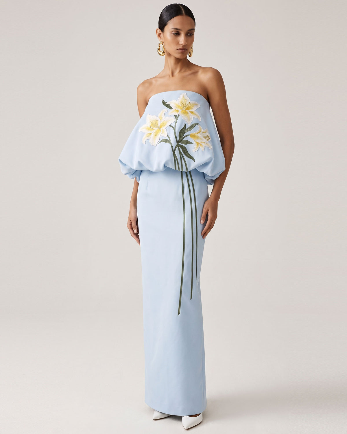 Lily Embroidered Draped Strapless Maxi Dress - Light Blue