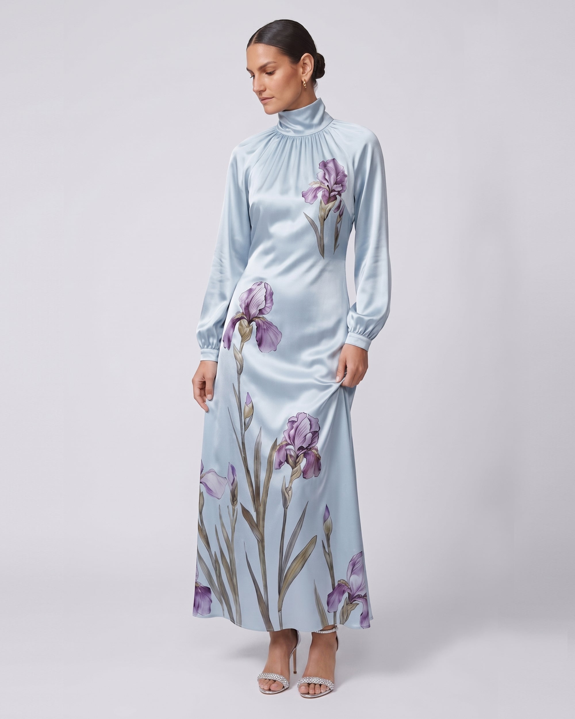 Iris Print High Neck Long Sleeve Maxi Dress - Light Blue
