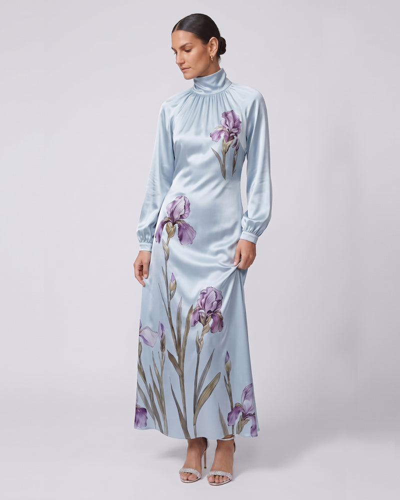Iris Print High Neck Long Sleeve Maxi Dress - Light Blue