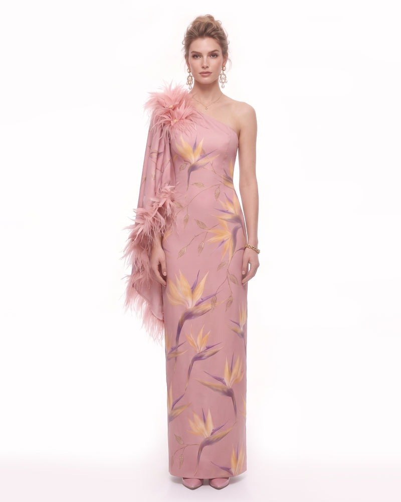 Bird of Paradise Feather-Trim One-Shoulder Maxi Dress - Dusty Rose