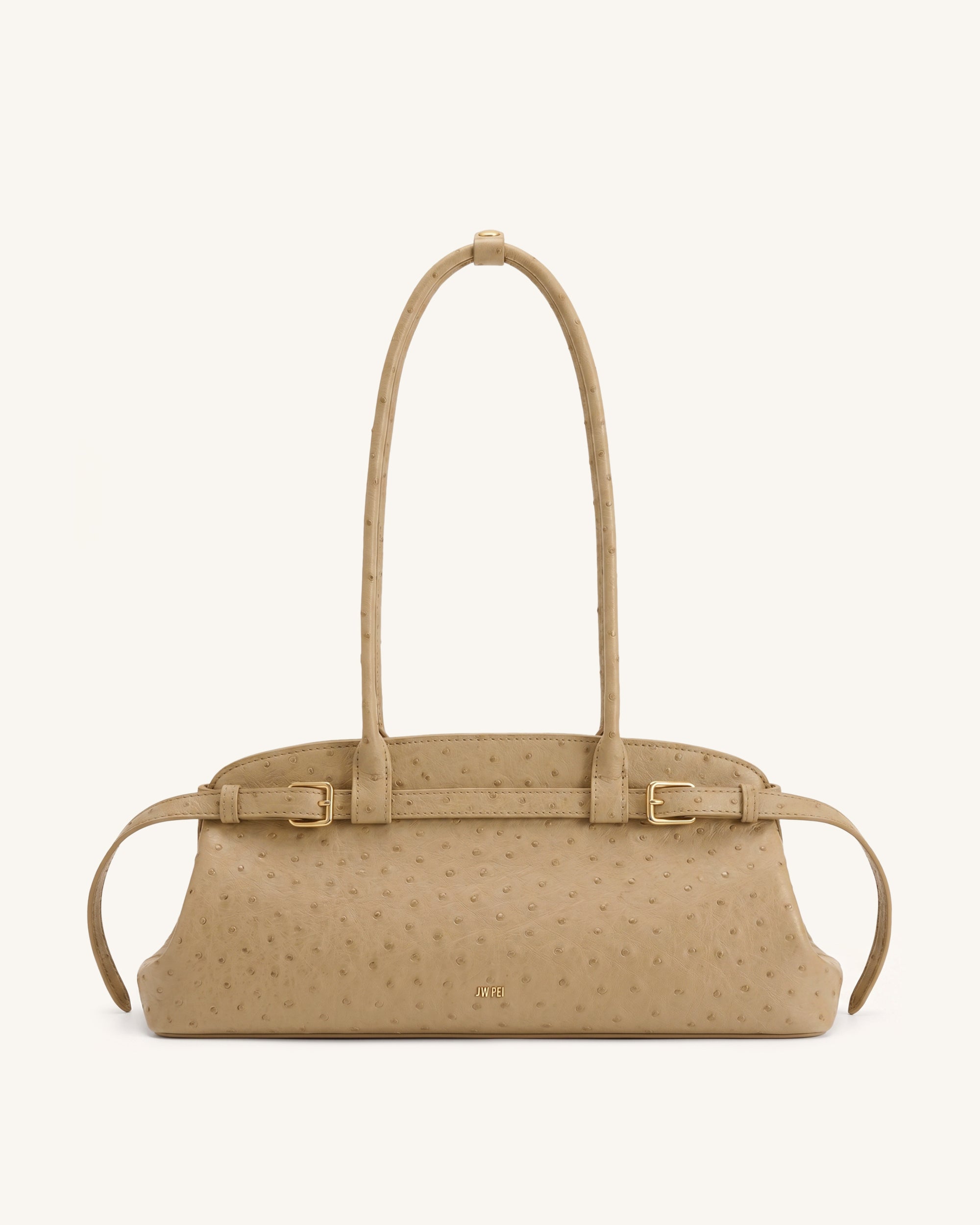 Arden Faux Ostrich Grain Belt Detail East-West Shoulder Bag - Khaki