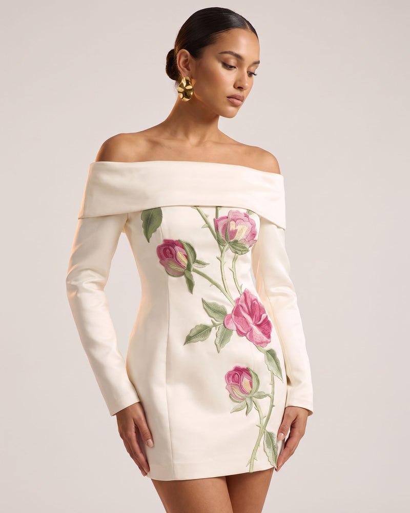 Rose Embroidered Foldover Long-Sleeve Mini Dress - Off White