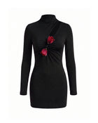 3D Embroidered Tulip High-Neck Cutout Long-Sleeve Dress - Black