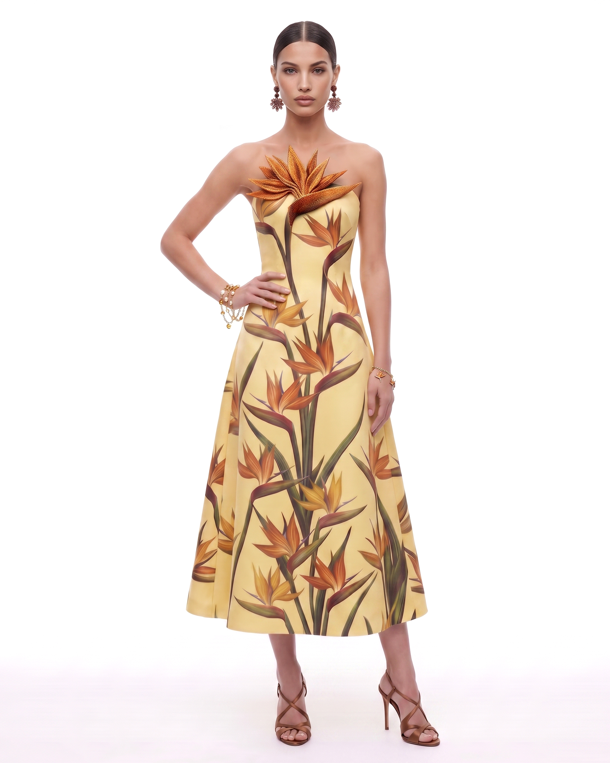 Bird of Paradise Appliqué Strapless A-Line Midi Dress - Light Yellow