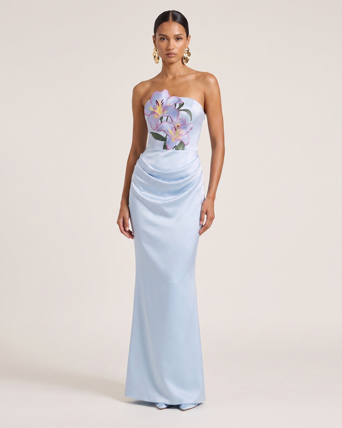 Lily Embroidered Strapless Ruched Maxi Dress - Light Blue
