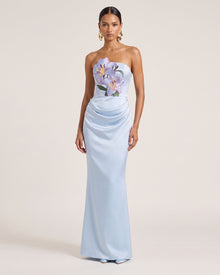 Lily Embroidered Strapless Ruched Maxi Dress - Light Blue