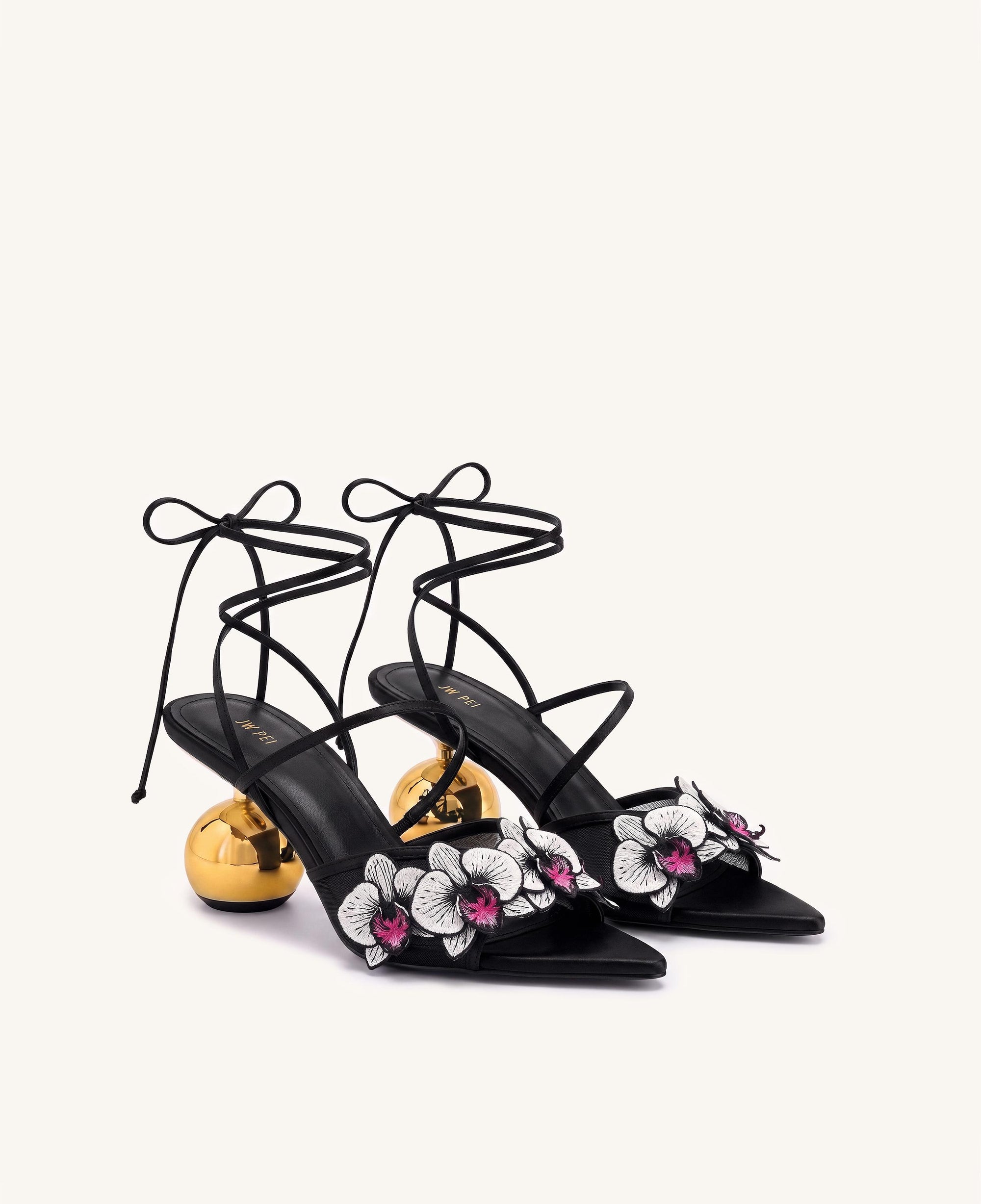 Celia Orchid Embroidered Sphere Heel Lace-Up Sandals - Black