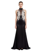 Floral Embellished Halter Sheer Satin Maxi Dress - Black