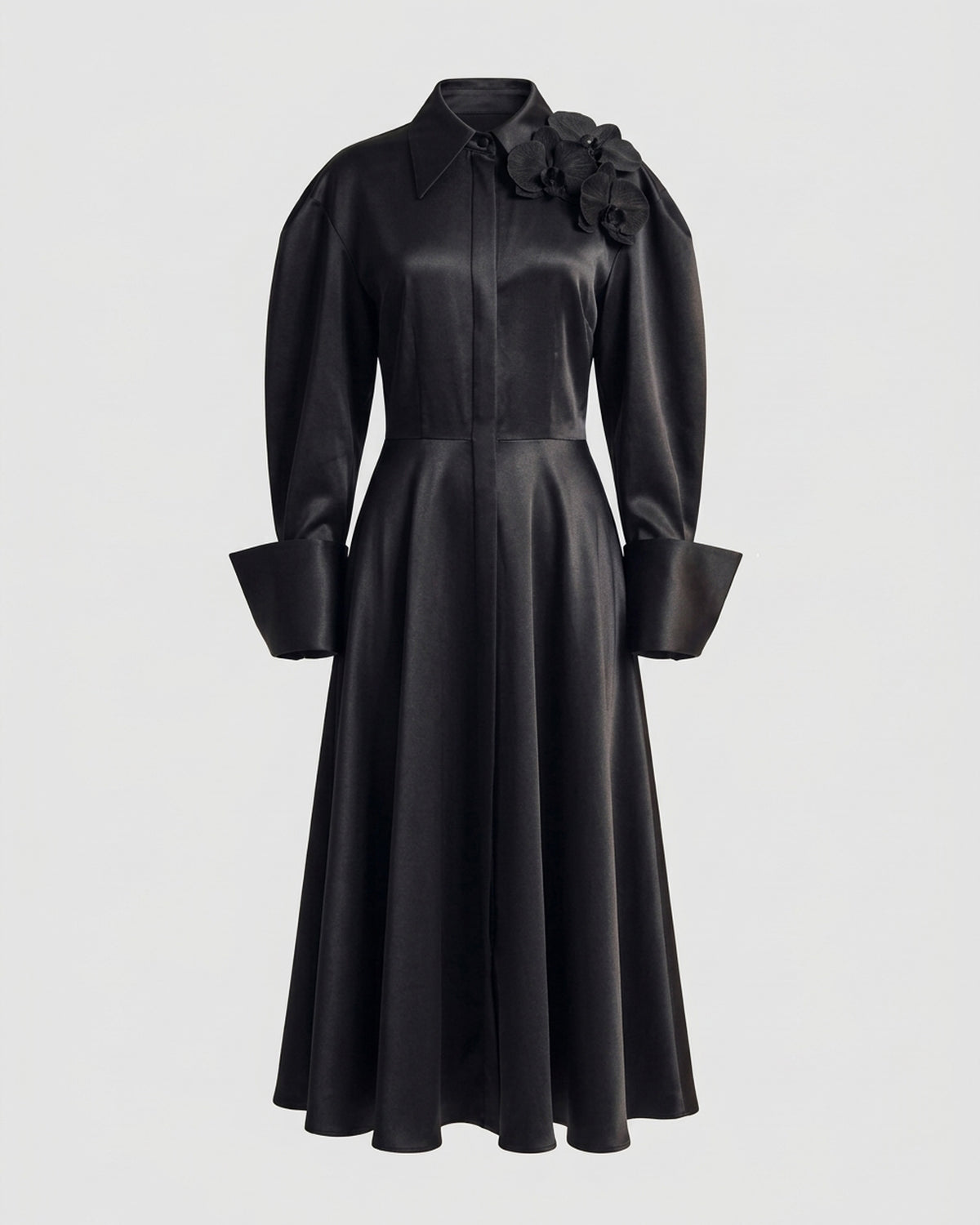 Orchid Embellished Wide-Cuff Satin Shirt Dress - Black