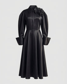 Orchid Embellished Wide-Cuff Satin Shirt Dress - Black