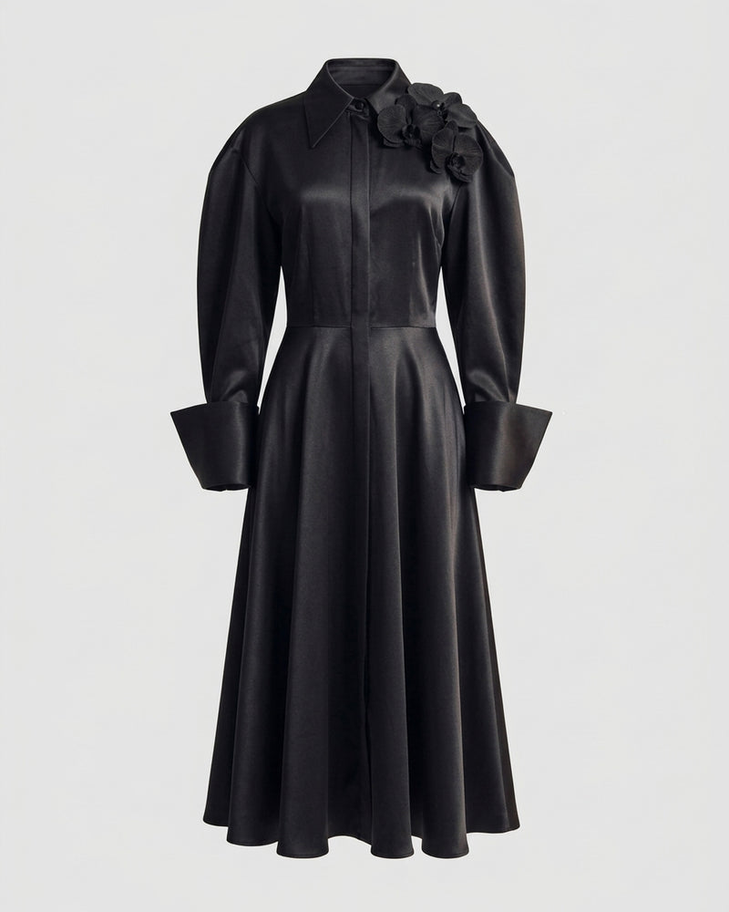 Orchid Embellished Wide-Cuff Satin Shirt Dress - Black