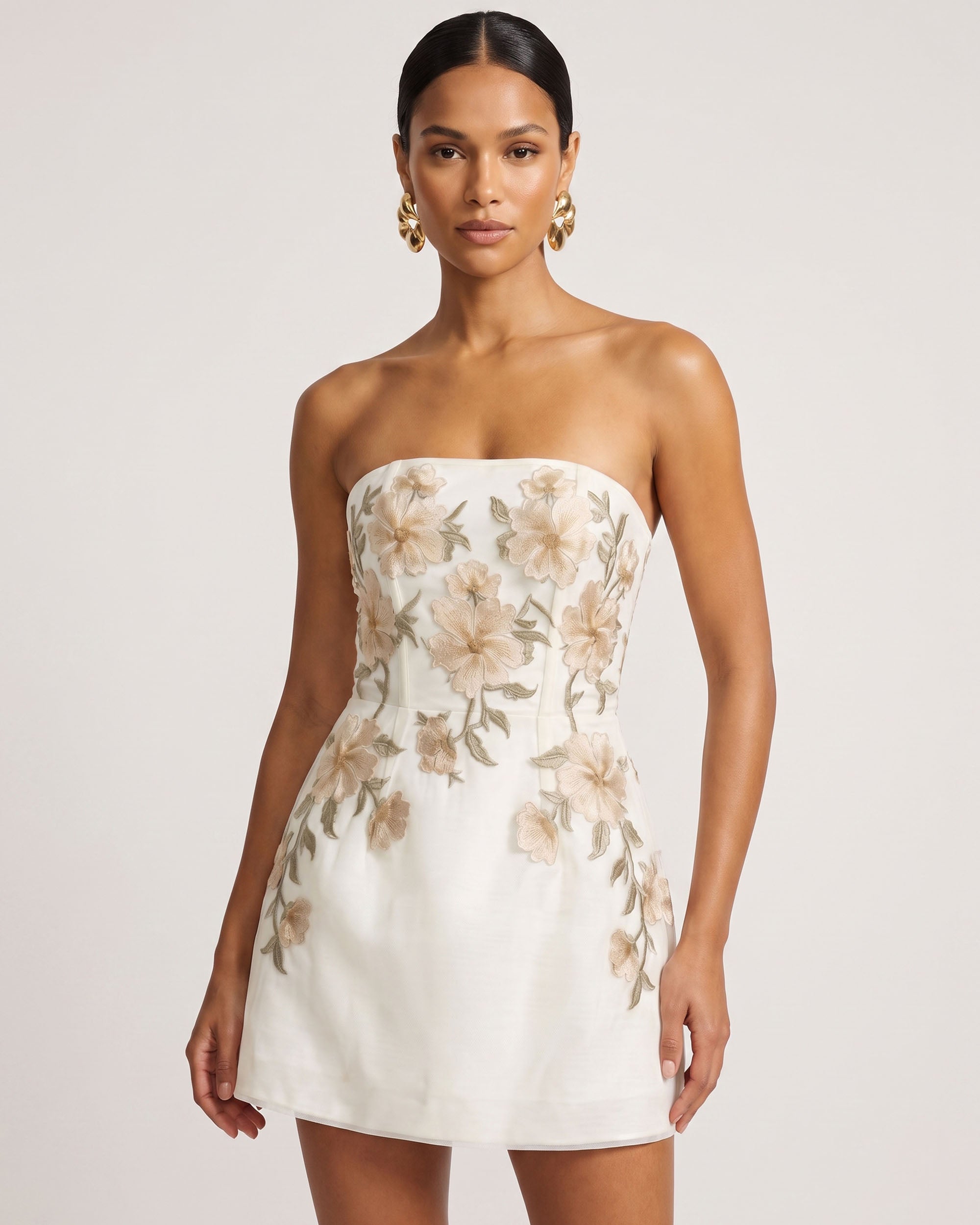 Floral Embroidered Strapless Corset Mini Dress - White