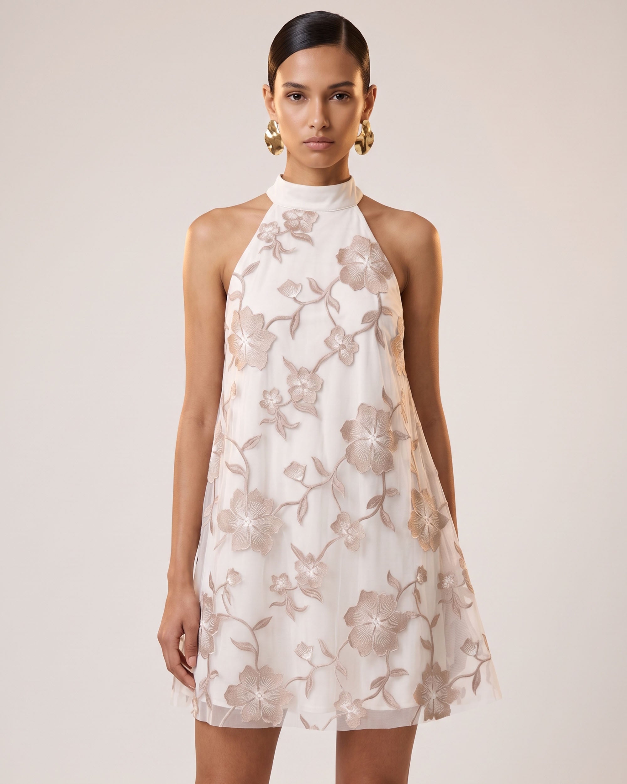 Floral Embroidered Halter Mini Dress - Ivory