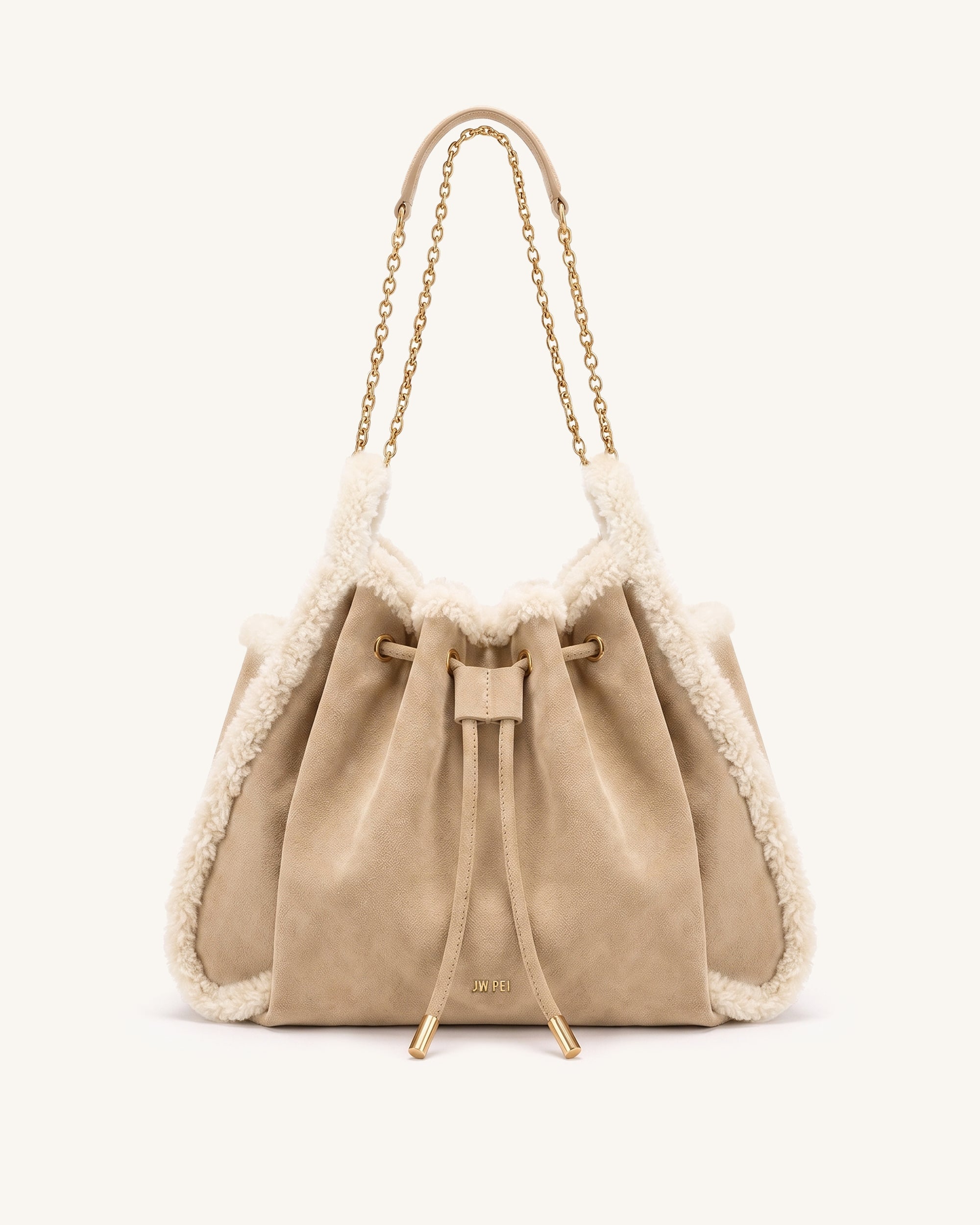Rowan Faux Suede Ruched Drawstring Chain Bucket Bag - Wheat Brown