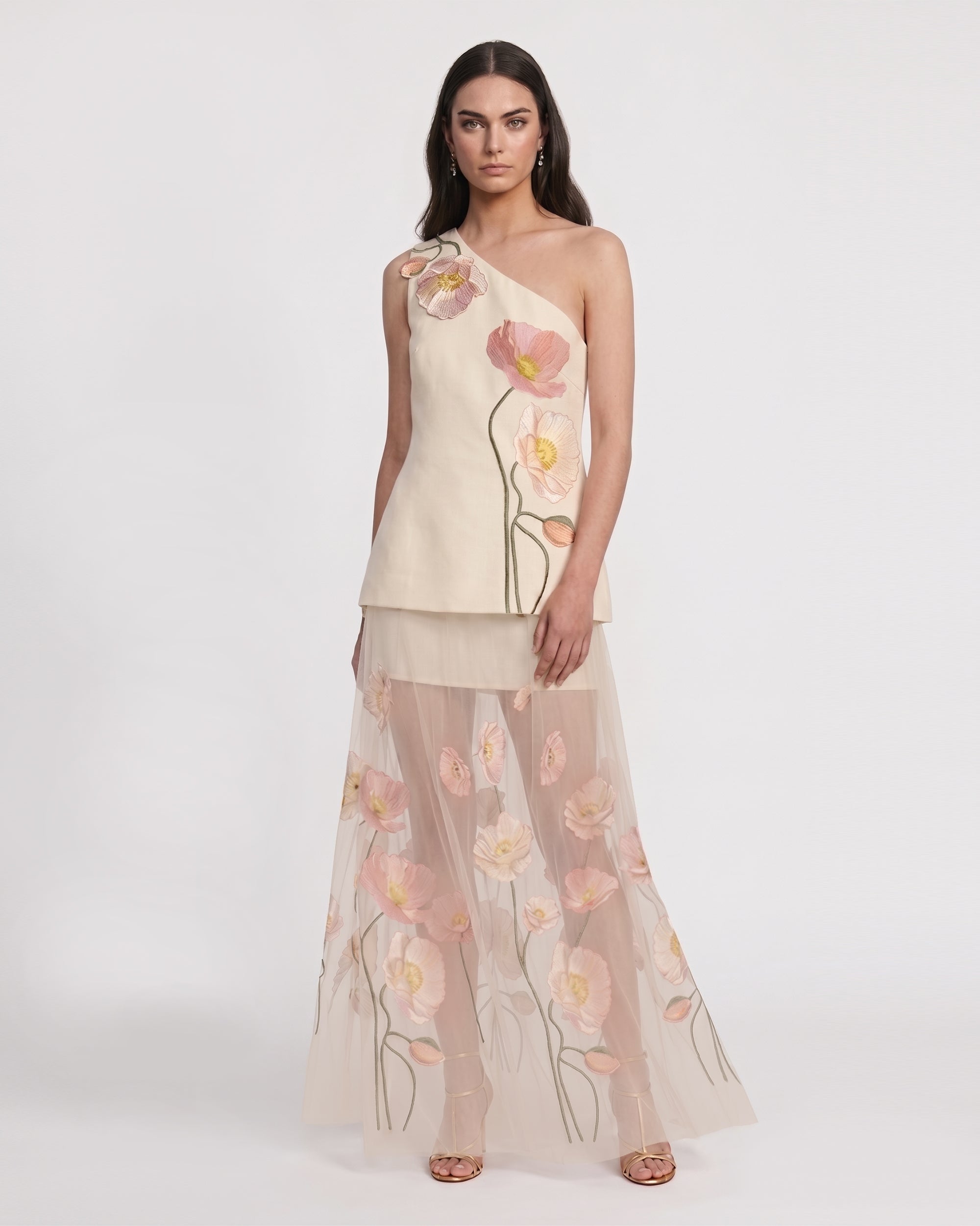 Corn Poppy 3D Printed Embroidery
 One-Shoulder Layered Maxi Dress
 - Ivory
