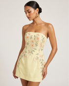 Floral Embroidered Strapless Corset Mini Dress - Light Yellow