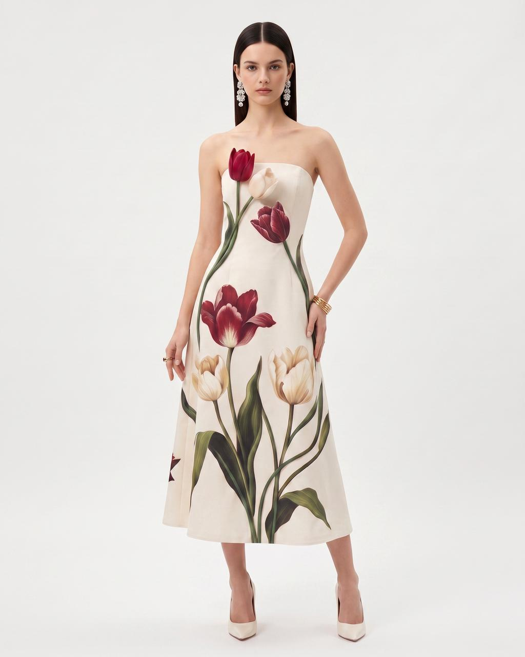 Tulip Floral Strapless A-Line Midi Dress - Ivory