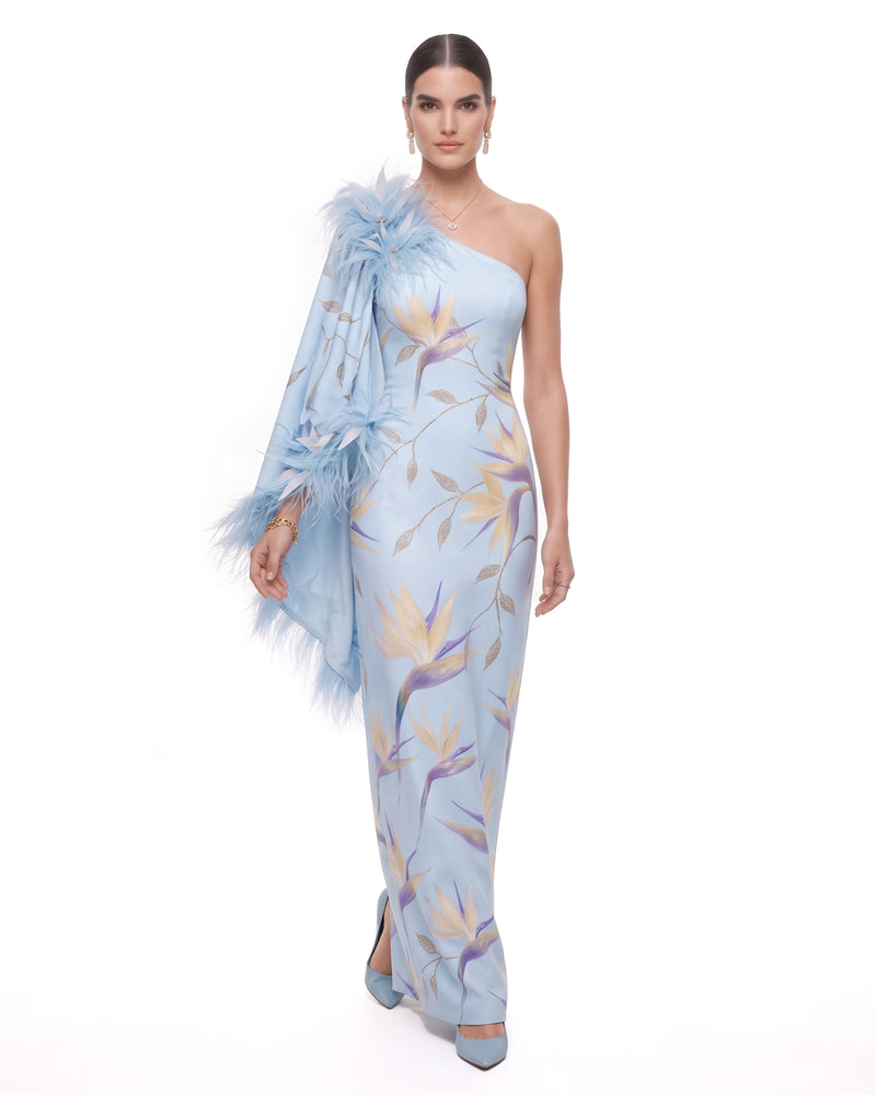 Bird of Paradise Feather-Trim One-Shoulder Maxi Dress - Baby Blue