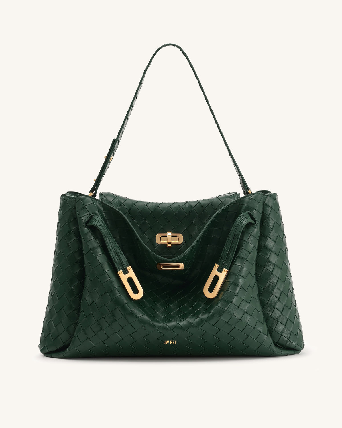 Rhea Large Woven Textured Shoulder Bag - Dark Green