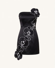 Orchid Embroidered Floral Appliqué Strapless Mini Dress - Black