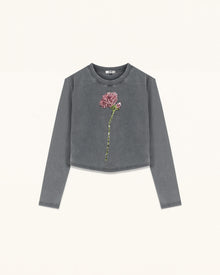 Rhinestone Rose Acid Cropped Tee - Washed Slate