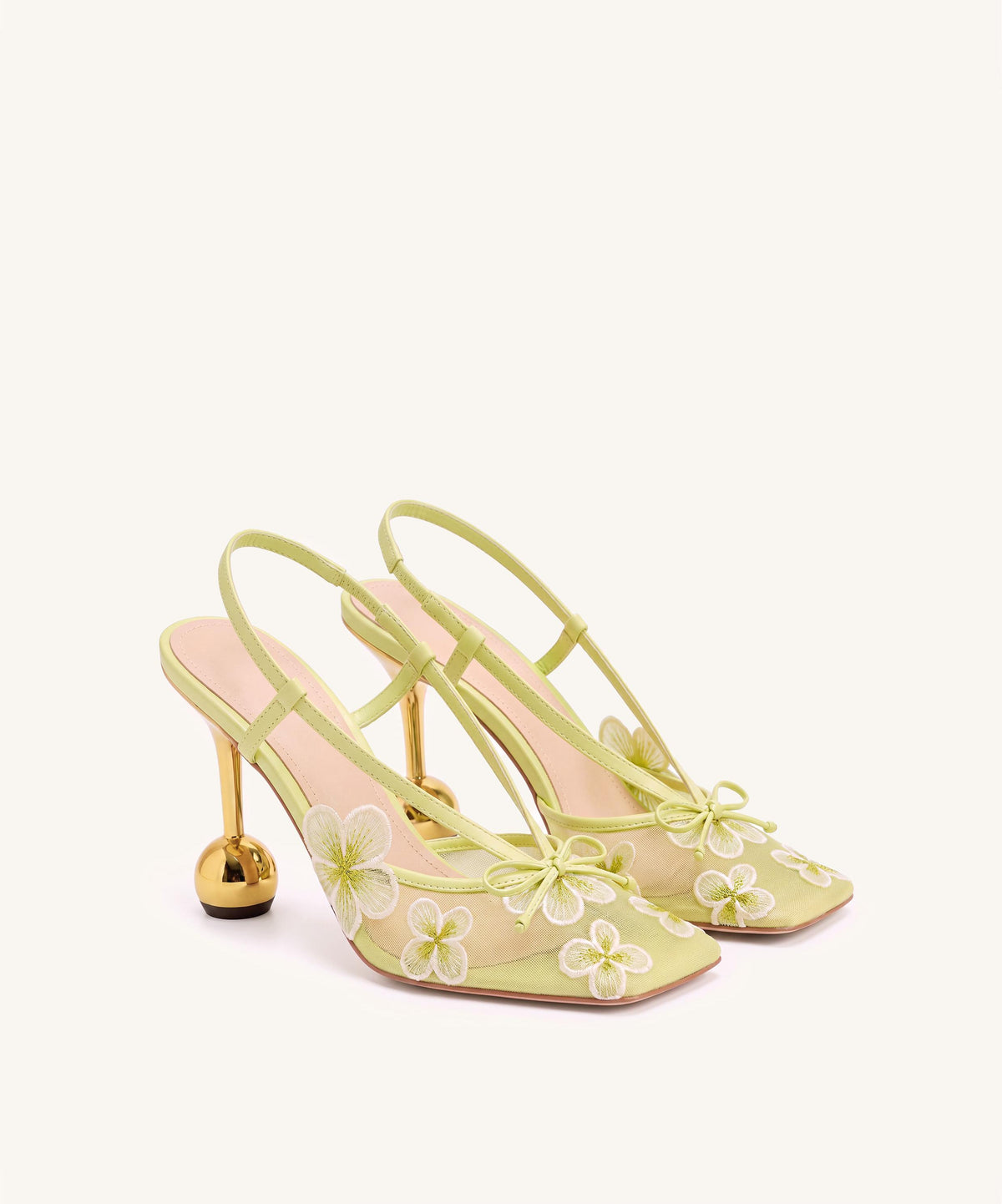 Mireille Floral Embroidered Bow Slingback Pumps - Chartreuse