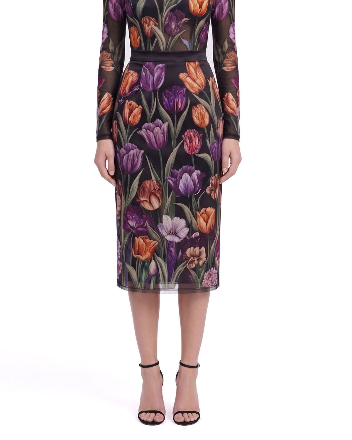 Tulip Print High-Waisted Midi Skirt - Black